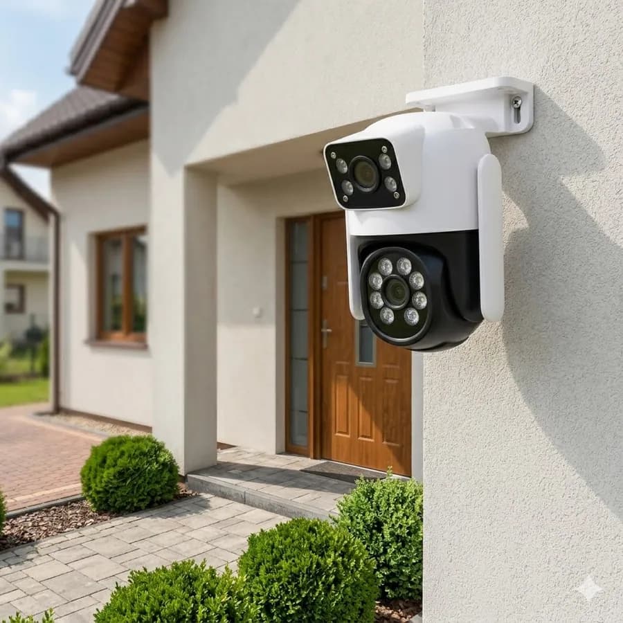 Cámara de seguridad de doble lente instalada en la pared exterior de una casa