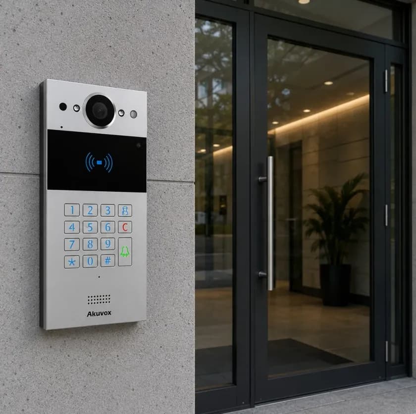 Videoportero IP con teclado y lector de tarjetas instalado en el acceso de un edificio
